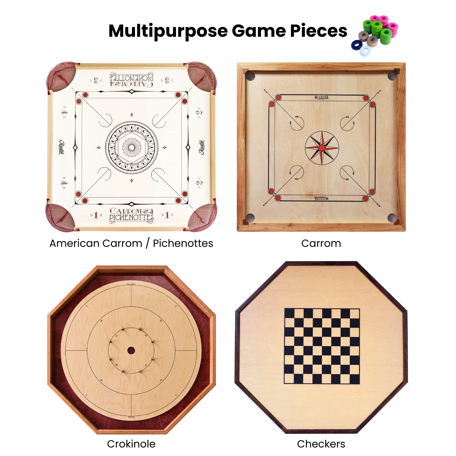 32 Pink and Lime Green Carrom / Pichenotte Rings - (Pink / Lime Green / Natural / Black / White) - Anneaux De Pichenottes - Game Accessories / Accessoires De Jeu