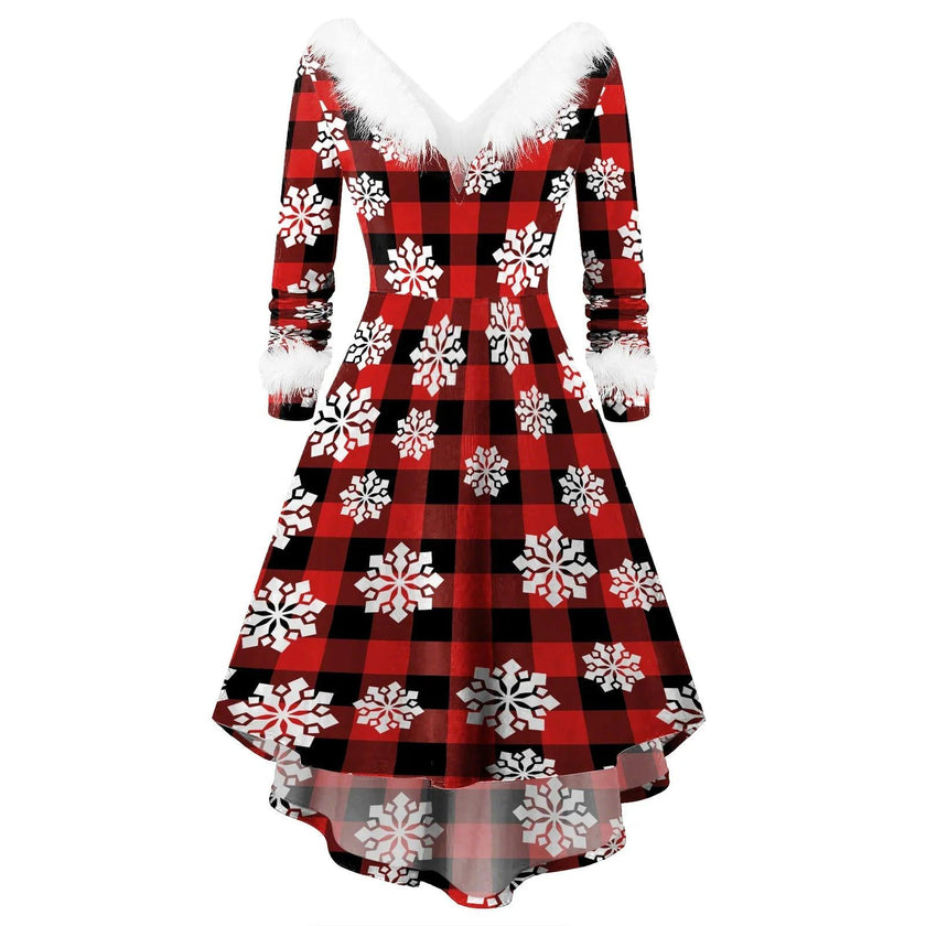 Women's Christmas Long Sleeve V-neck Irregular Dress