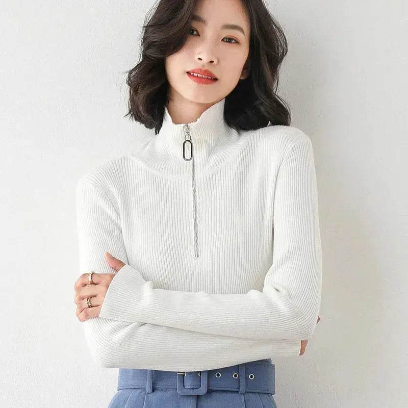 Women Autumn Winter Slim Fit High neck Half zip Knitted sweater Top