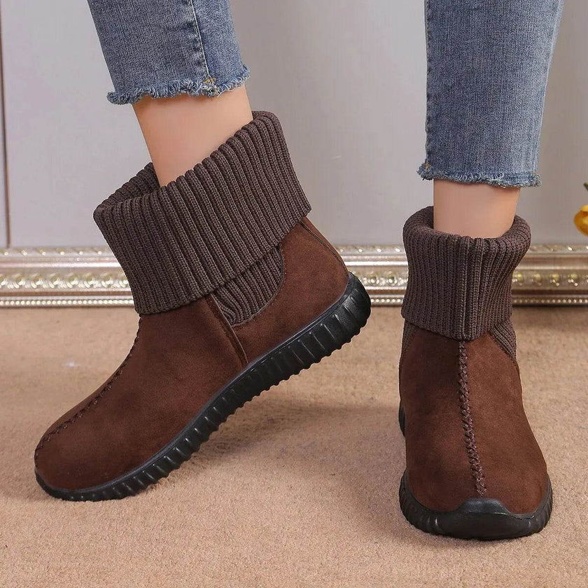Women's Reversible Knit Flat Ankle Snow Boots | Suede Winter Boots