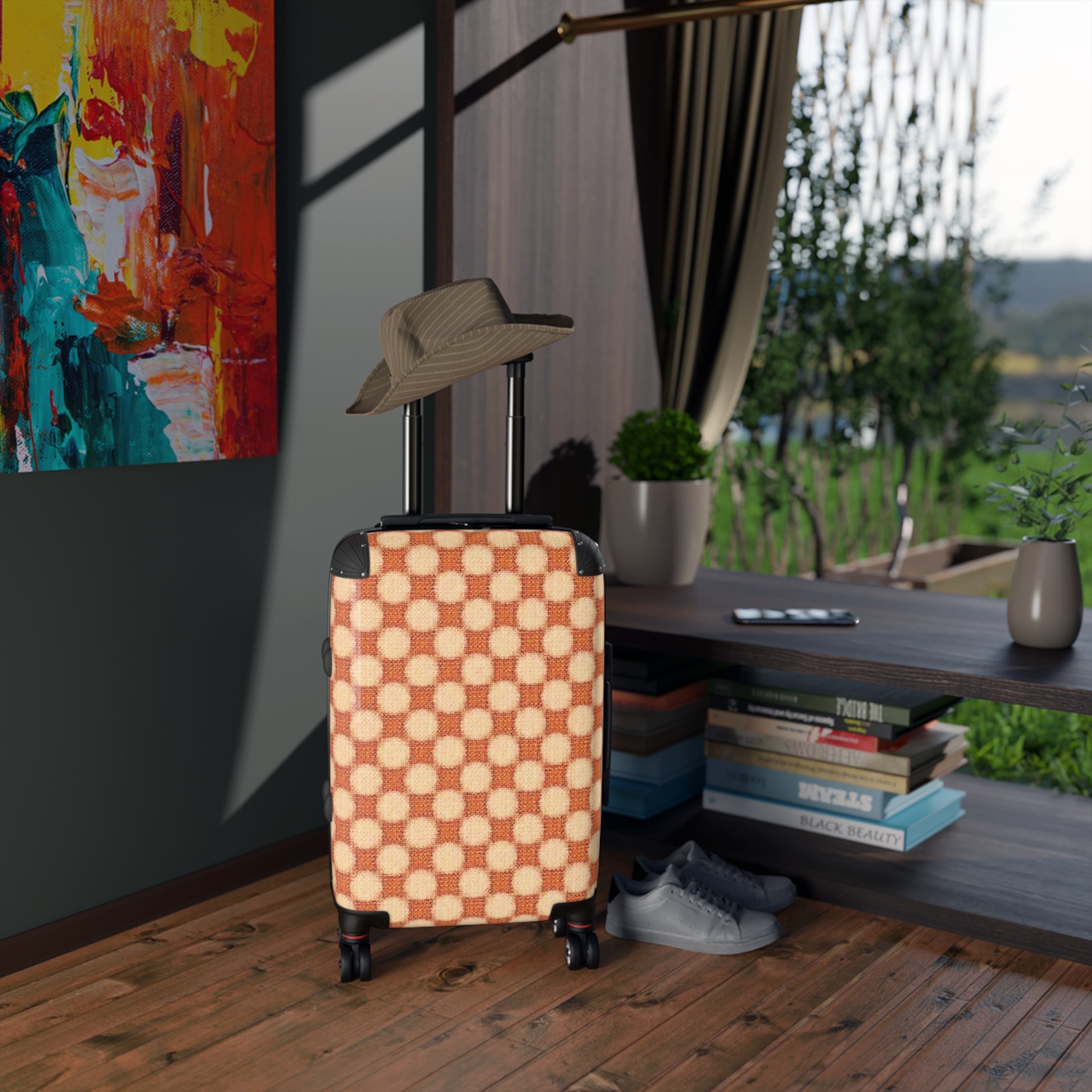 Retro Checkerboard Carry-On Suitcase — Vintage Orange Travel Luggage