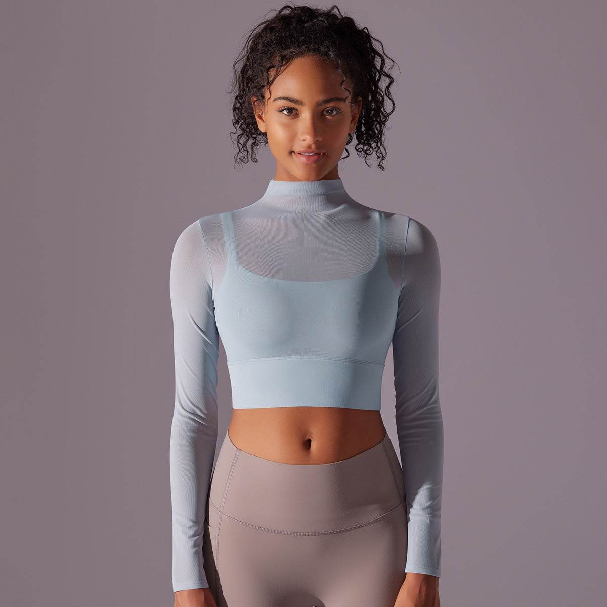 Quick Drying Gym Slim Fit Mesh Turtleneck Long Sleeve Workout Crop Top