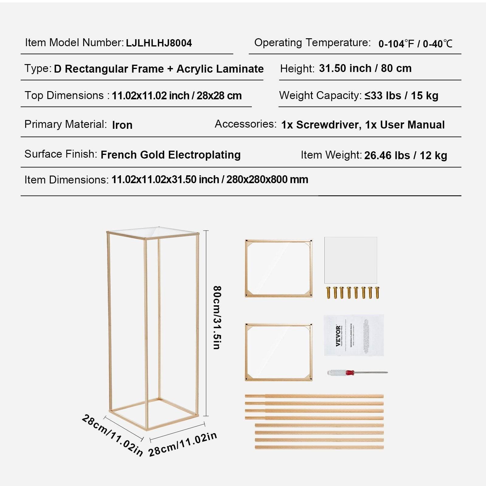 10PCS 31.5inch High Wedding Flower Stand, With Acrylic Laminate,Metal Vase Column Geometric Centerpiece Stands, Gold Rectangular Floral Display Rack For Events Reception, Party Decoration