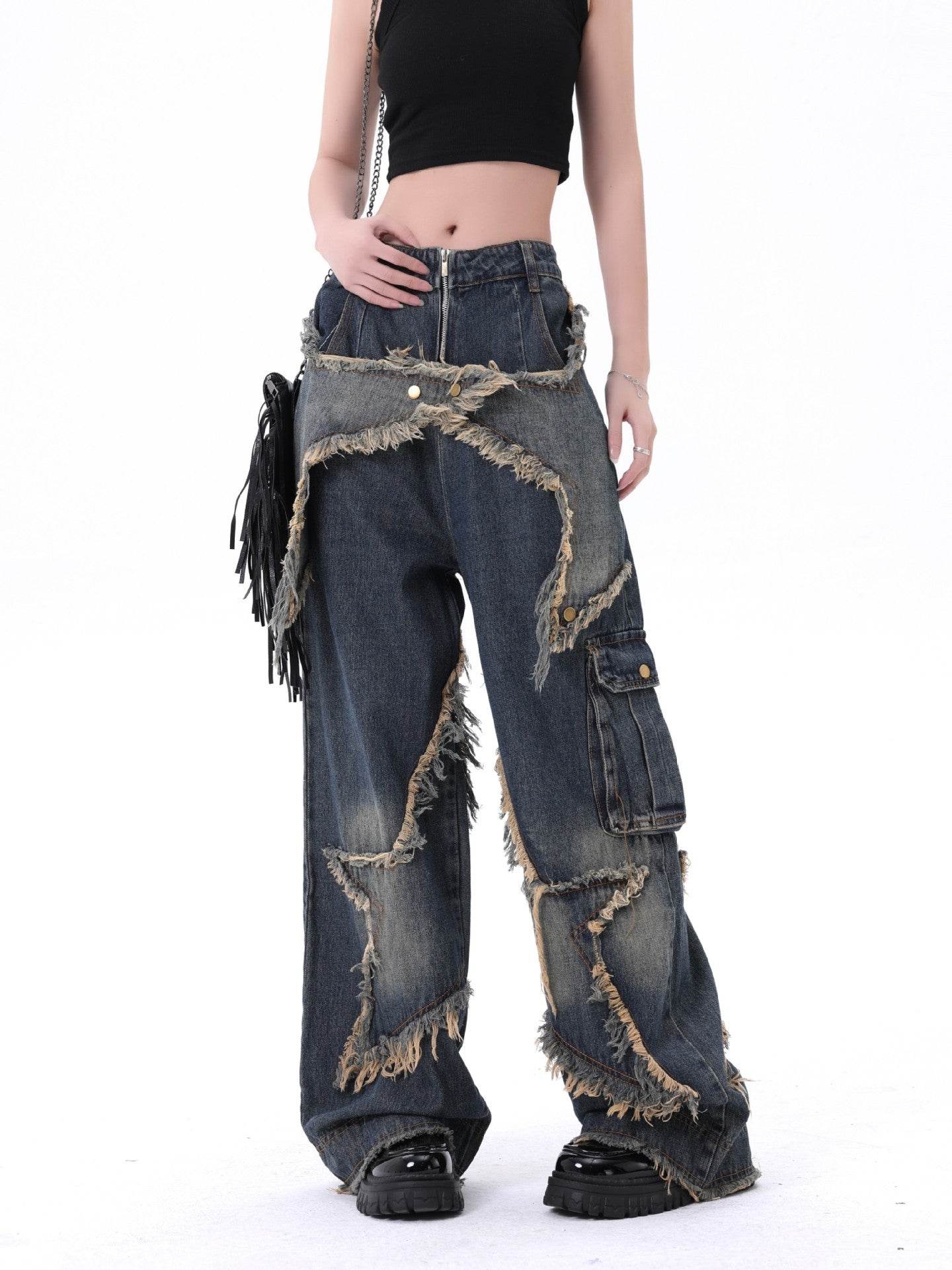 Distressed Denim Pant for women Oversized Streetstyle Patch Cargo Jeans Pant