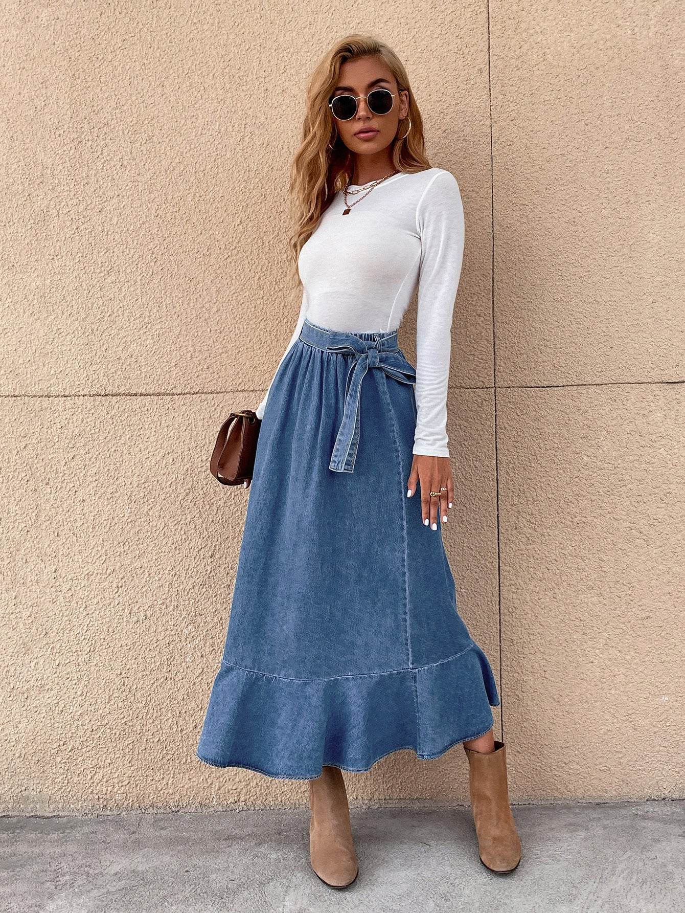 Ladies Fashion Casual Ruffled Blue Denim Maxi Skirt Women