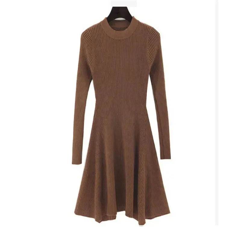 Autumn Winter Round neck Slim fit Mini Flared Sweater Dress