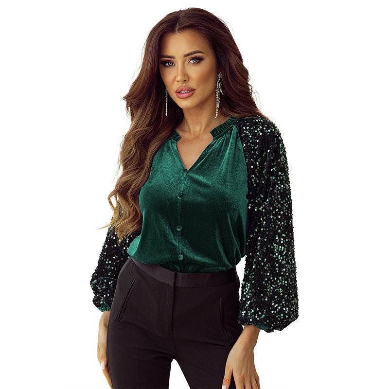 Elegant Fashion Sequined Long sleeve Suede V-neck Blouse top  women