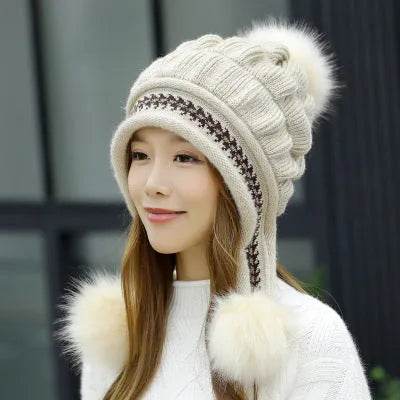 Women Cozy Knit Fleece-Feel Beanie With Ear Flaps Winter Hat Perfect For Skiing & Outdoor Activities