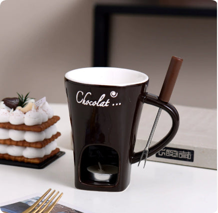 Mini Fondue Mug Set – Personal Ceramic Chocolate & Cheese Melting Pot with Fork (Beige, Coffee & Red)