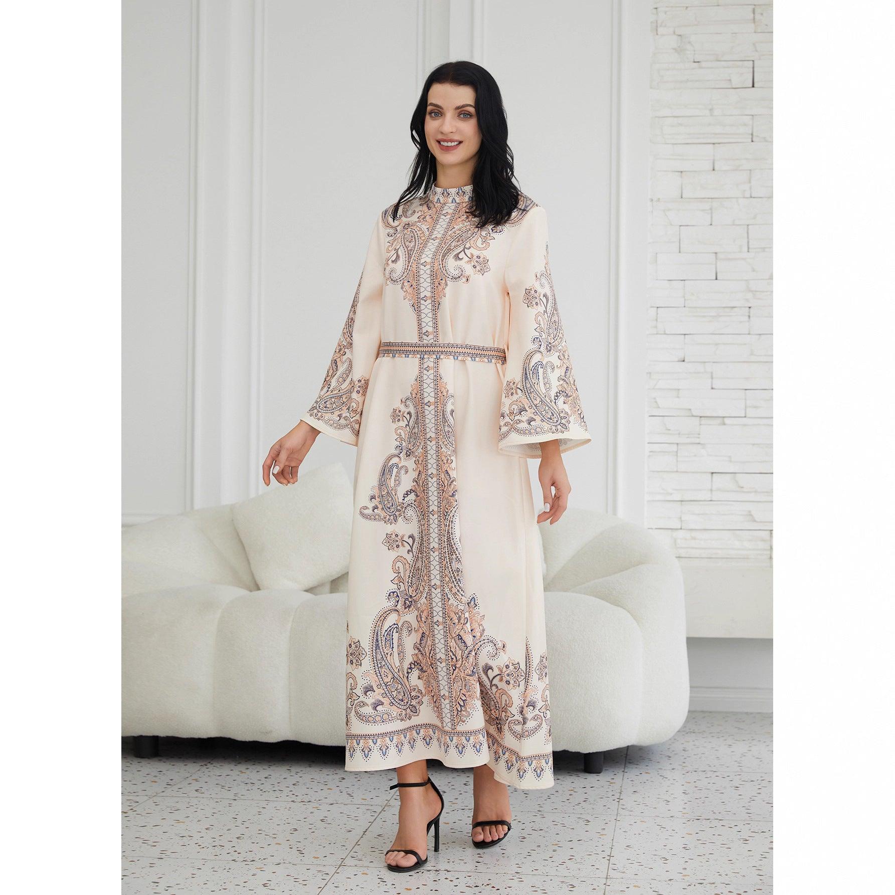 Stand Collar Printing Long Retro Muslim Dress