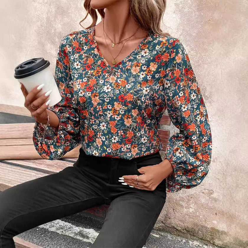 Women's V-neck Lantern Long Sleeve Shirt Autumn casual blouse top