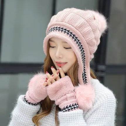 Women Cozy Knit Fleece-Feel Beanie With Ear Flaps Winter Hat Perfect For Skiing & Outdoor Activities