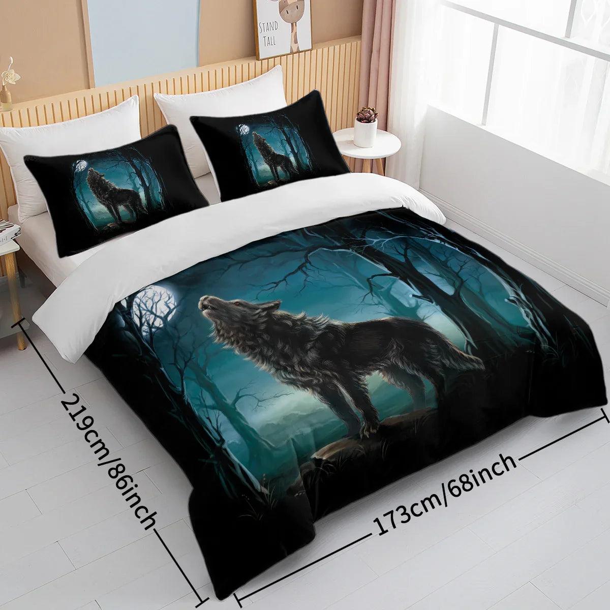 Moon Wolf Duvet Cover Set – Green Watercolor Forest Wolf Bedding | 3-Piece Microfiber | Twin Full King