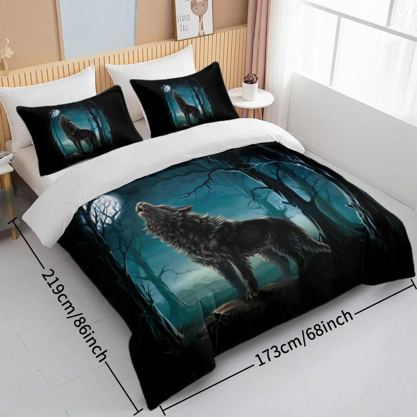 Moon Wolf Duvet Cover Set – Green Watercolor Forest Wolf Bedding | 3-Piece Microfiber | Twin Full King