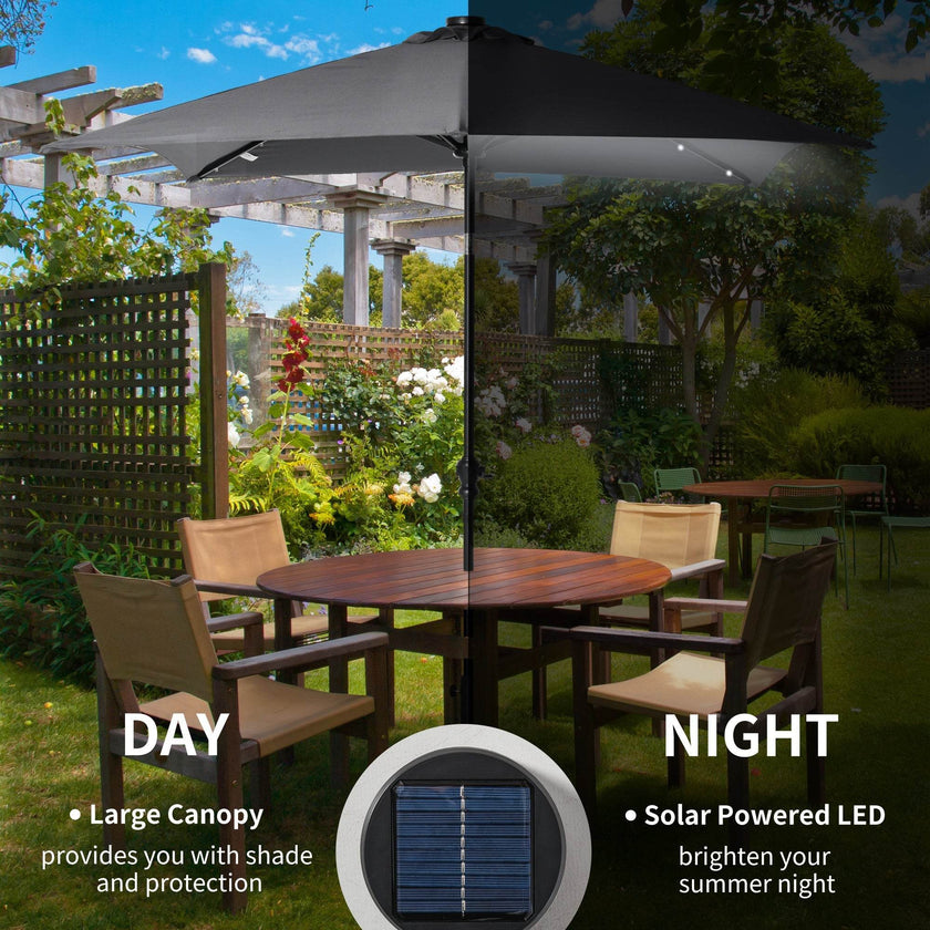 9 X 7 Ft Patio Umbrella Outdoor Table Market With Crank Solar LED Lights Tilt Button For Deck Dark Gray