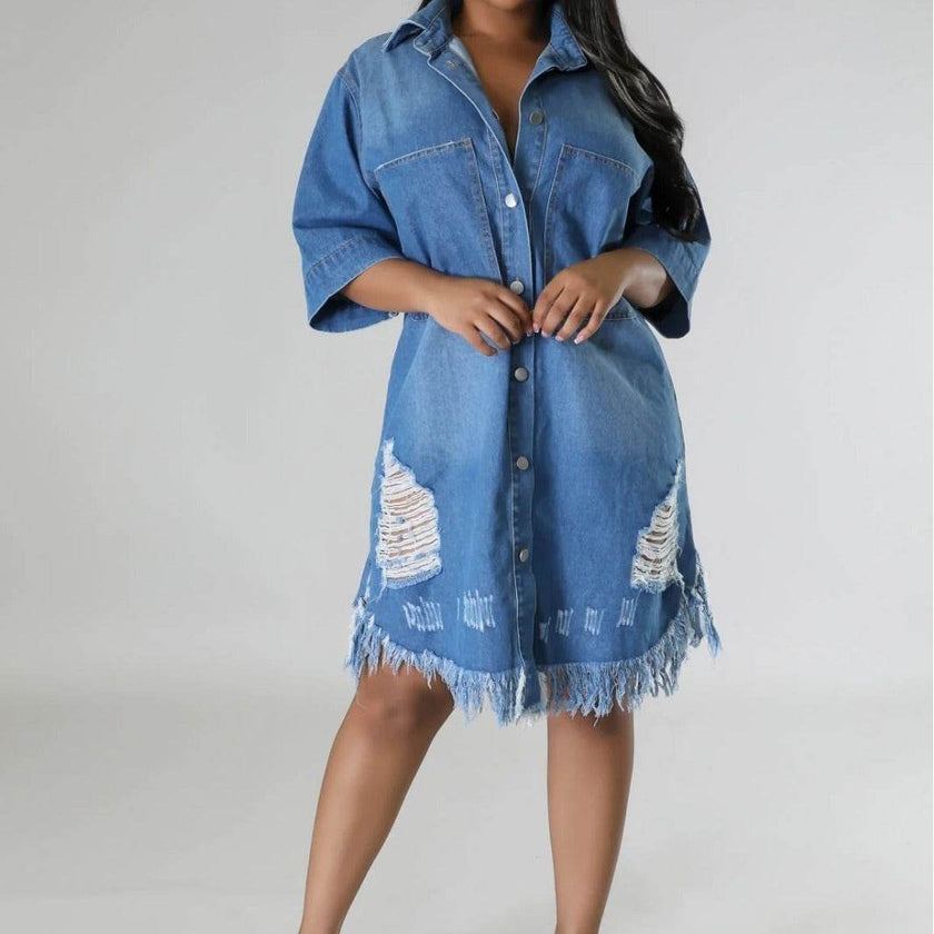 Women's Fashion 3/4 sleeve Mid Length loose Denim Jeans Dress