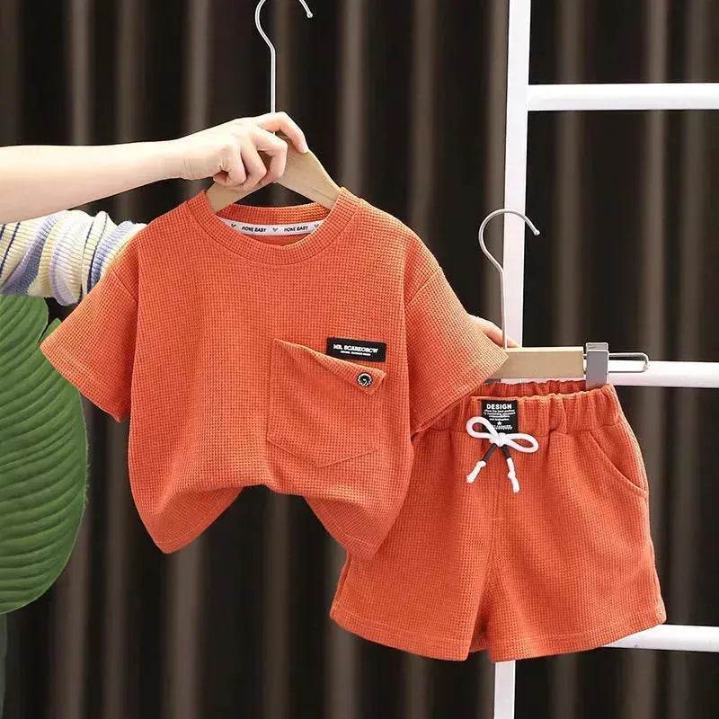 Children's Summer Clothing Casual Plain color Cotton Short Sleeve shirt and Short pant Two-piece Set
