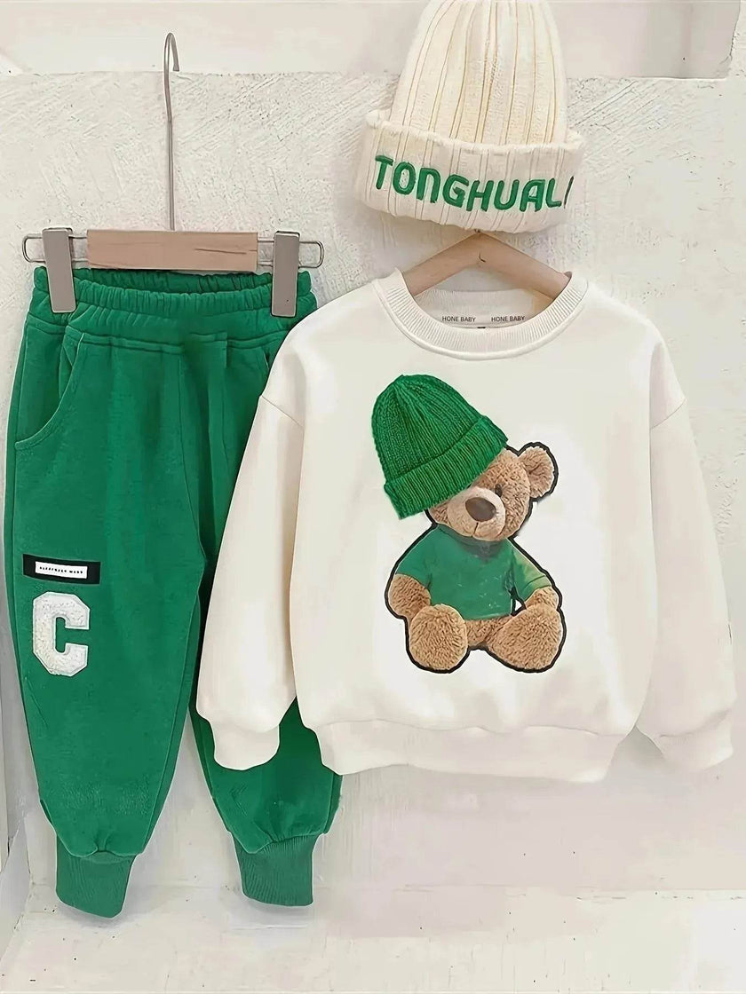 Children Cartoon Hat Bear Long-sleeved Trousers Two-piece Set for Kids