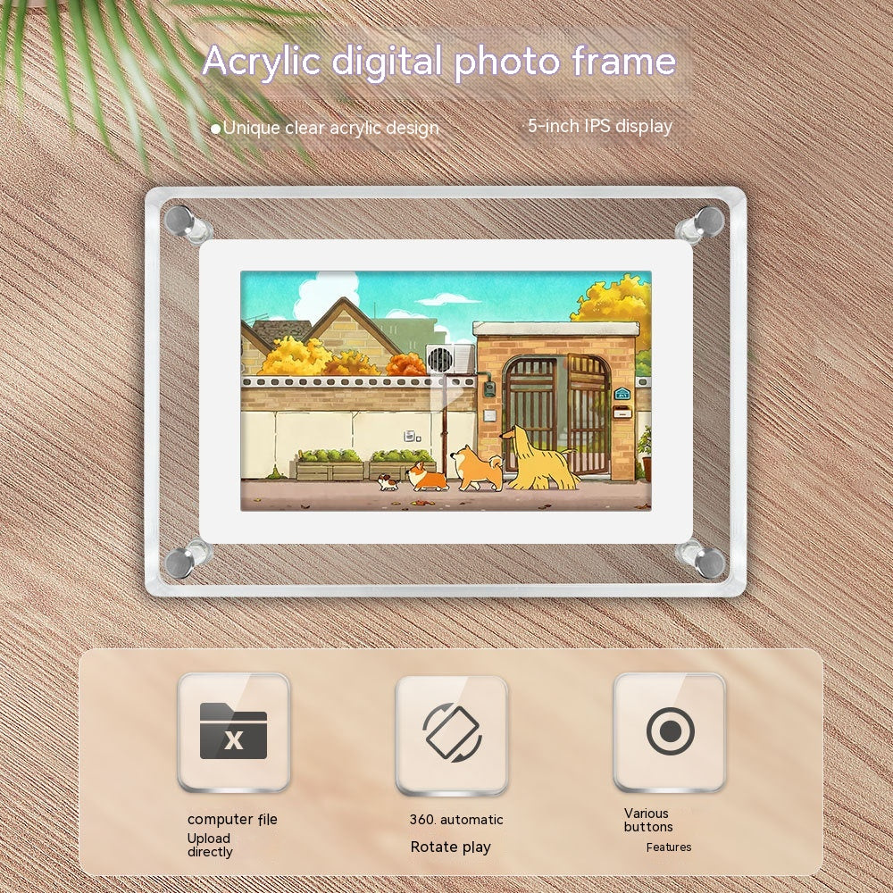 5-inch Transparent Acrylic Digital Photo Frame with Video Player & Stereo Speaker