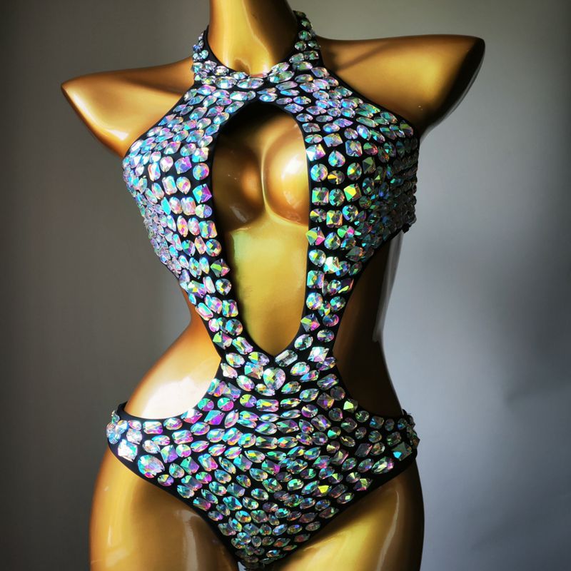 Women's Mesh Diamond One-Piece Swimsuit – Rhinestone Sheer Overlay Swimwear