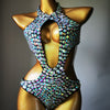 Women's Mesh Diamond One-Piece Swimsuit – Rhinestone Sheer Overlay Swimwear