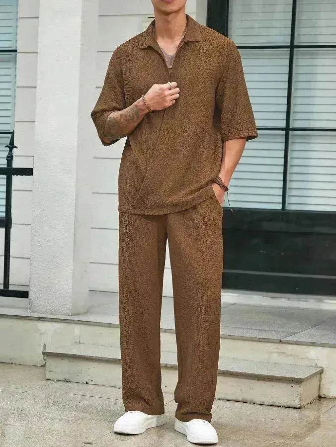 Men's Casual summer 2 piece Pant sets Short sleeved Top and Straight leg pant