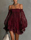 Long-Sleeve Lace Boat Neck Slip Dress – Solid Color Stretch Mini