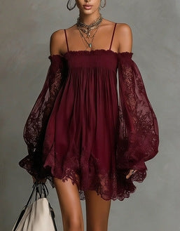 Long-Sleeve Lace Boat Neck Slip Dress – Solid Color Stretch Mini