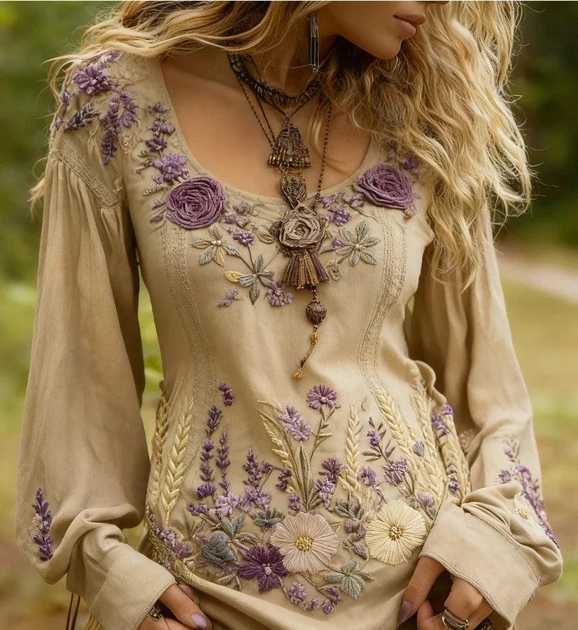 Grass And Flower Embroidered Linen Shirt