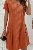 Women's Short-Sleeve Casual Dress with Pockets & Zipper – 12 Colors, S–3XL