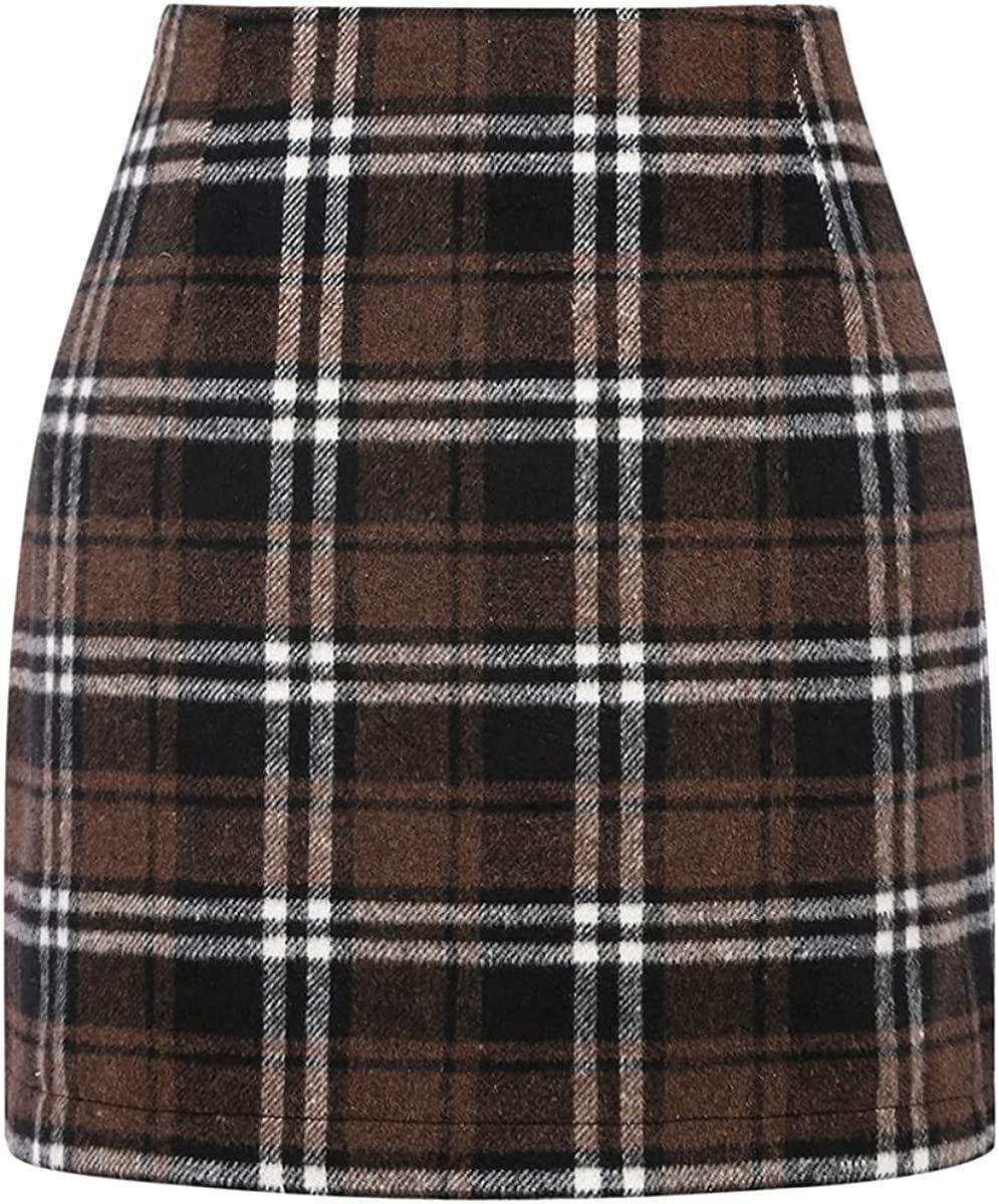 Women's High Waist Plaid Tight Pencil Wool Mini Skirt