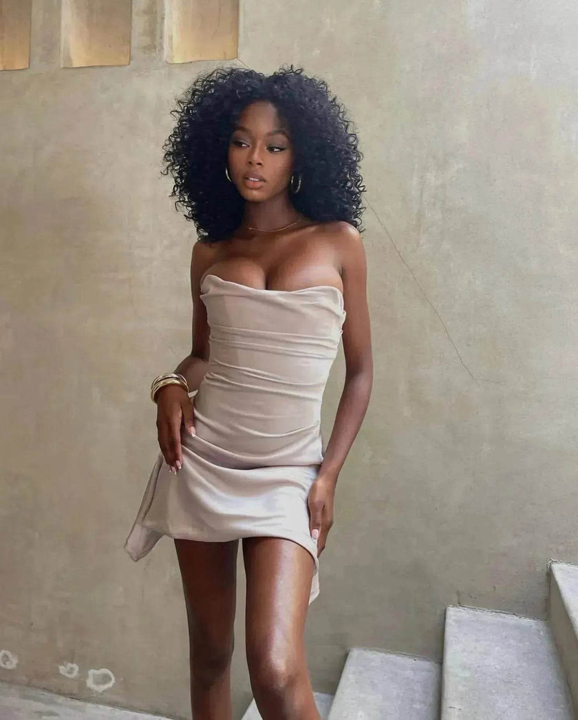 Chic Women's Fashion Tube Top Irregular Pleated Elastic Satin Mini Dress for Evening Party, Cocktail