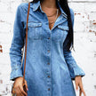 Long Sleeve Denim Button down Mini Dress Fashion Jeans Dress Women