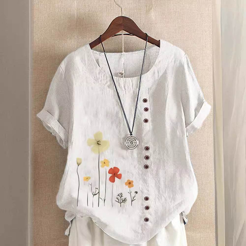 Women's Casual Printed Cotton Linen Short Sleeve Blouse Top
