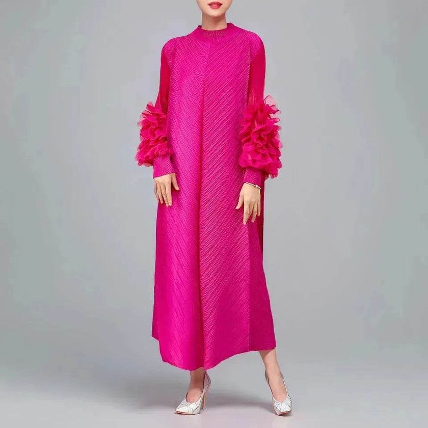 Middle East Plate Flower Loose Plus Size Pleated Extended Dress Oganza Long Sleeve Maxi Dress for Occasional events