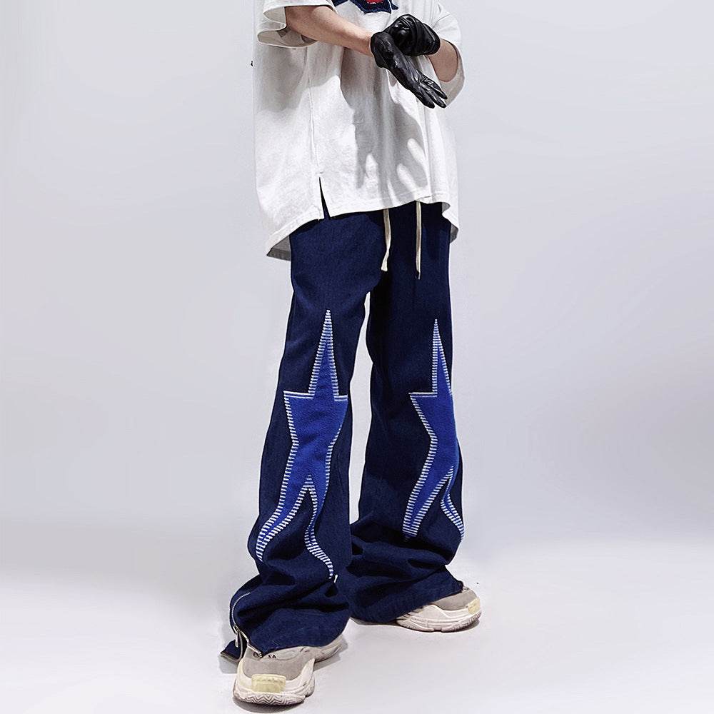 Five-pointed Star Embroidery Denim Horn Loose Straight Casual All-match Mop Jeans Baggy Trousers Men