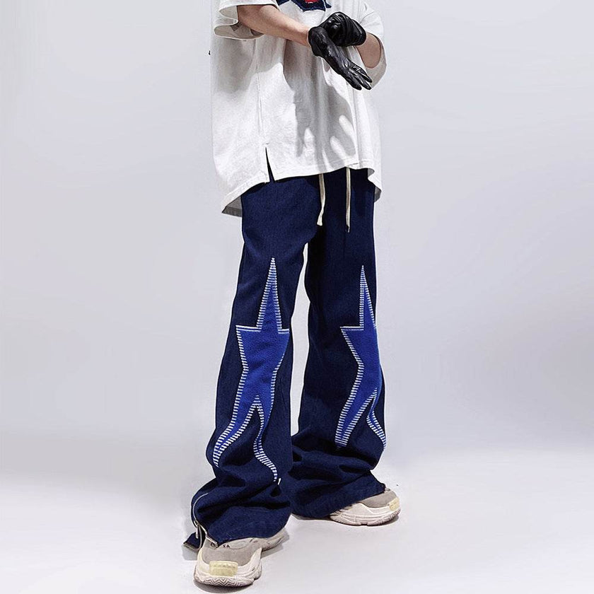 Five-pointed Star Embroidery Denim Horn Loose Straight Casual All-match Mop Jeans Baggy Trousers Men