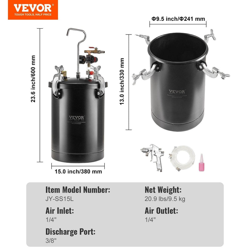 Spray Paint Pressure Pot Tank 15L 3.75gal Spray Gun Hoses Pressure Gauge