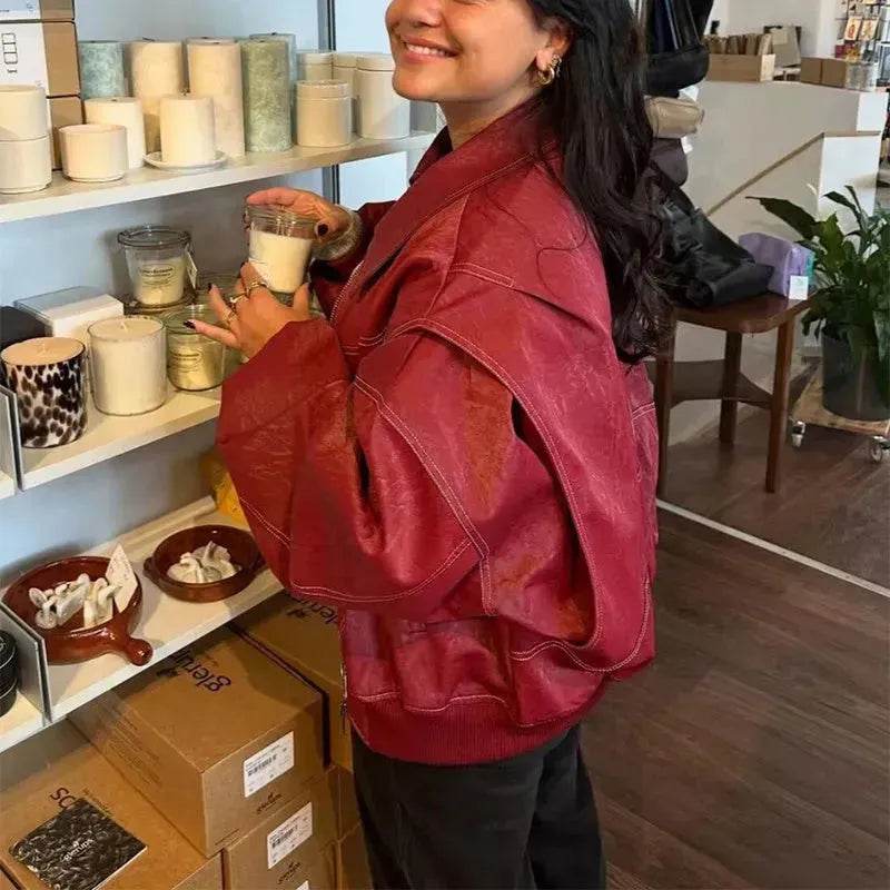 Oversized Fashion Zip-up Lapel Leather Jacket for women