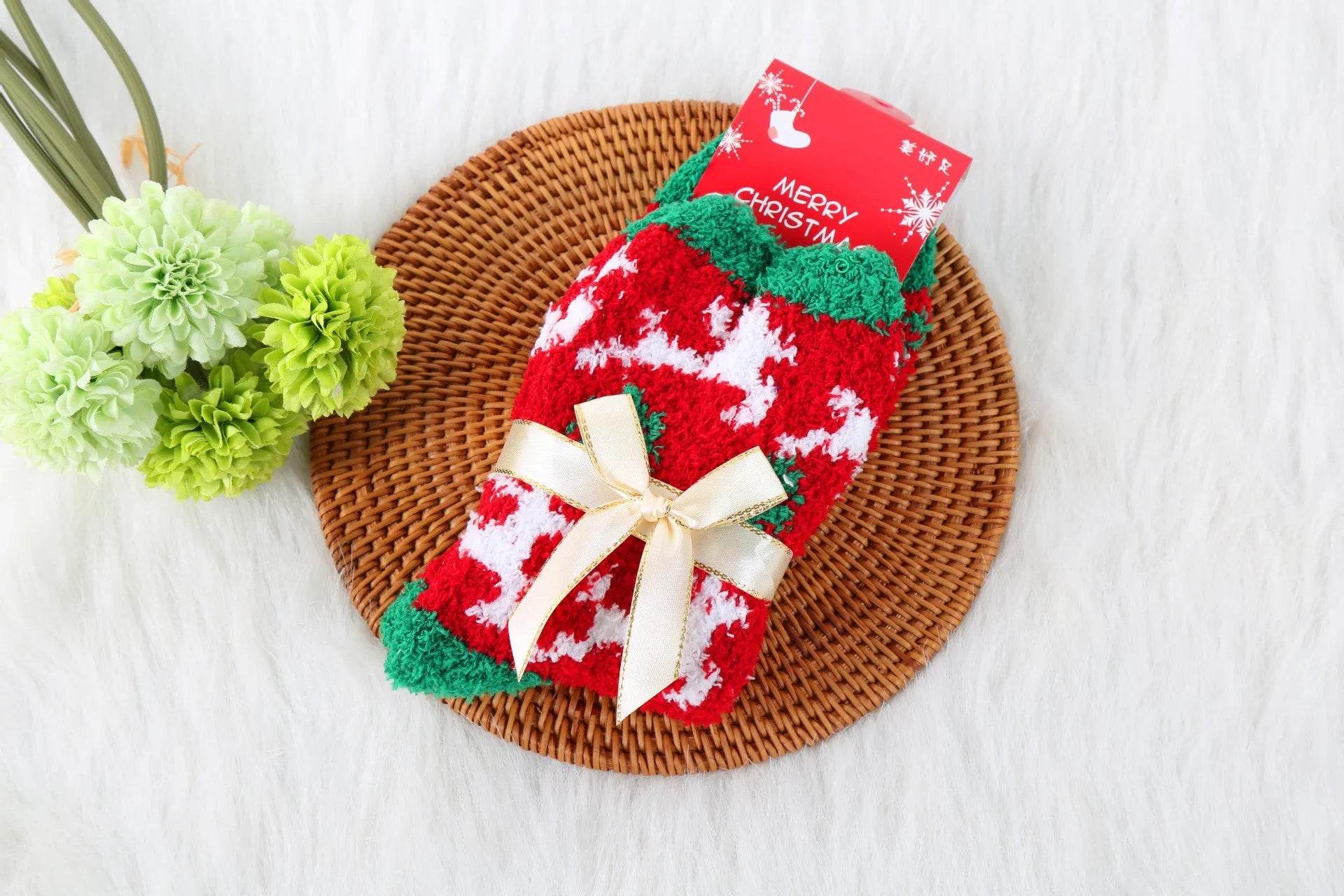 Winter Christmas Stockings Women's Thickened Bow Long Tube Fleece-lined