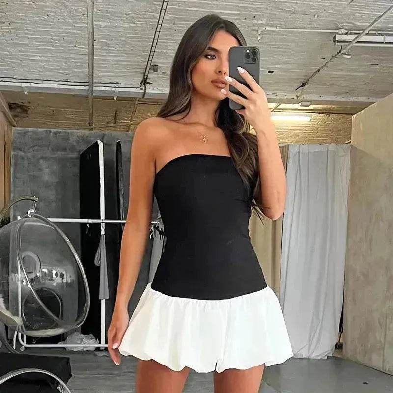 Chic Tube Top Dress Summer Solid Color Pleated Skirt Dress Women Fashion Short Mini Skater Dresses  Evening Party Cocktail Dress for Ladies