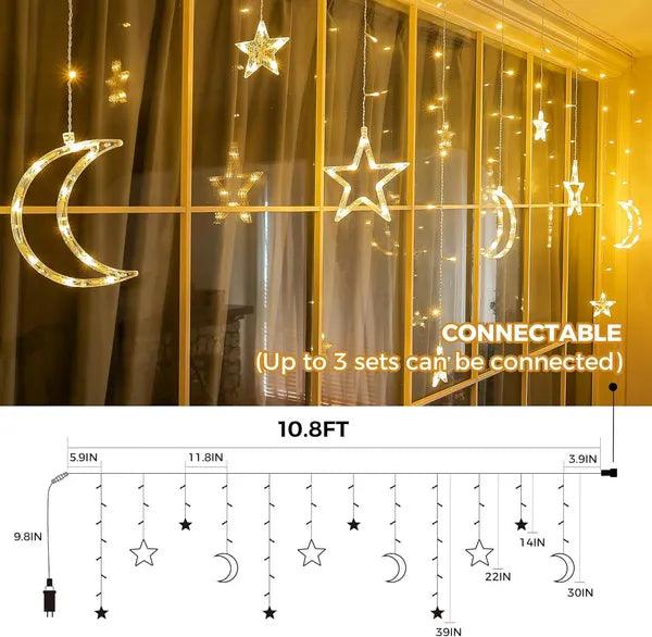 Ramadan Solar Lights, Outdoor Waterproof Moons Stars Curtain Window String With 8 Modes Timer Remote ,USB Rechargeable Connectable Warm White Hanging Decor For Patio