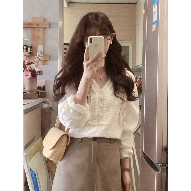 Women's V-Neck Crochet Linen Blouse – Long Sleeve Loose Boho Top