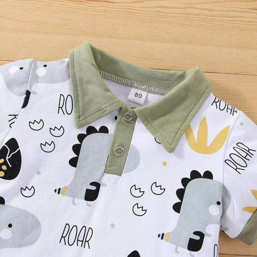 Boy's Little Dinosaur Lapel Cotton Short Sleeve Top Short Pants Suit Two piece for boys.