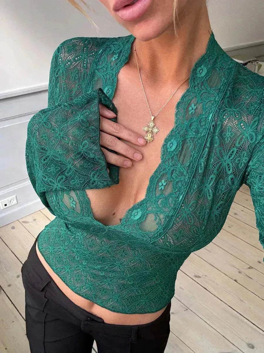 Flowers Lace Long Sleeve Top Y2K Fashion Slim Bottoming Crop Top for Women Casual Lace Top for Women
