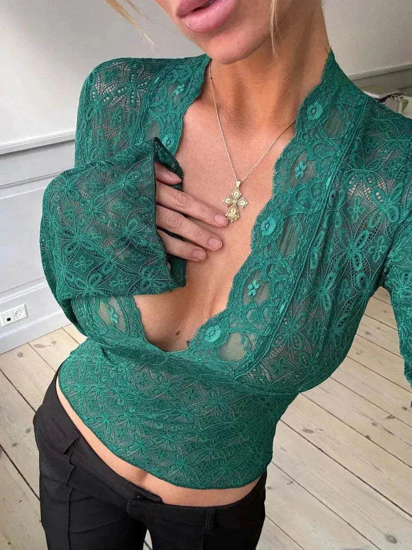 Flowers Lace Long Sleeve Top Y2K Fashion Slim Bottoming Crop Top for Women Casual Lace Top for Women
