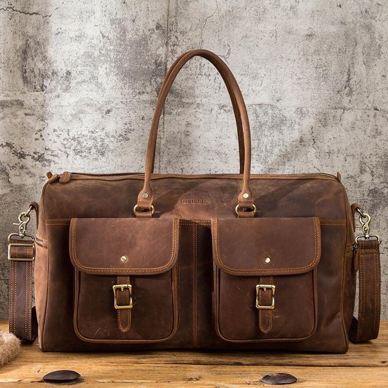 Retro Crazy Horse Leather Weekender Travel Duffel Bag with Laptop Compartment