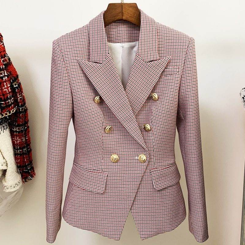 Houndstooth Small Jacket Women Long-Sleeved Double-Breasted Plaid Blazer