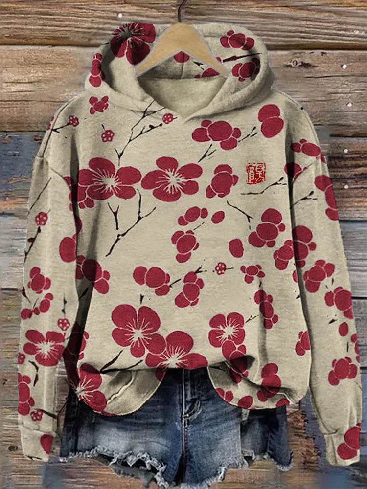 Women Fashion Spring And Autumn Plum Blossom Hooded Super Plus Size Loose-fitting Casual Pullover