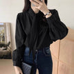 Spring New Gentle Lace-up Bow Tie Design Puff Sleeve Solid Color Shirt For Women
